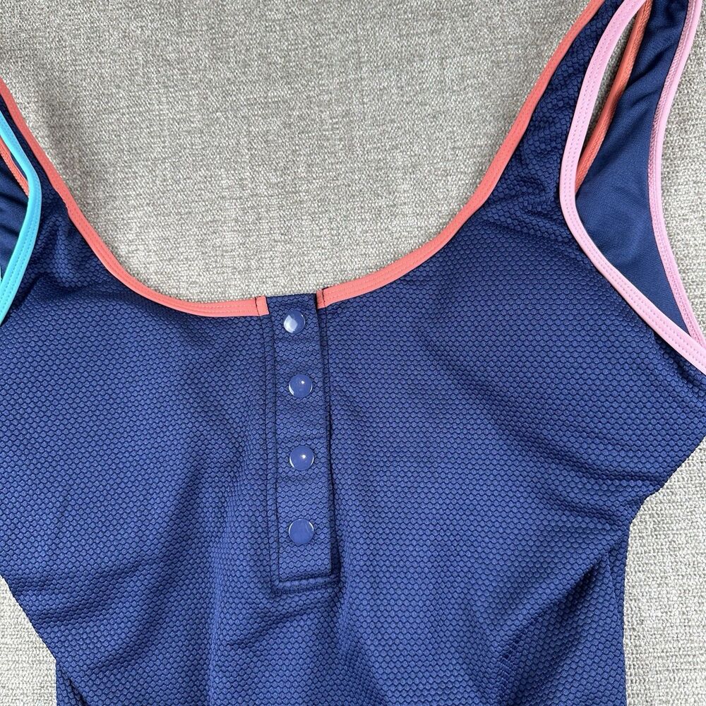 Vigoss Textured Navy Blue One Piece Swimsuit Snap Button Front Contrast Trim L